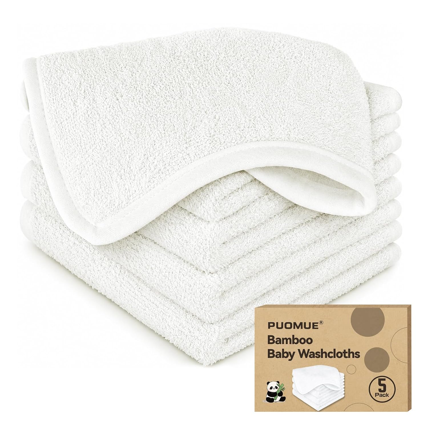 Puomue 5 Pack Baby Washcloths 10″×10″, 80% Bamboo Rayon 20% Cotton Ultra Soft Absorbent Lint Free Gentle Bath Face Towels for Newborn Sensitive Skin White