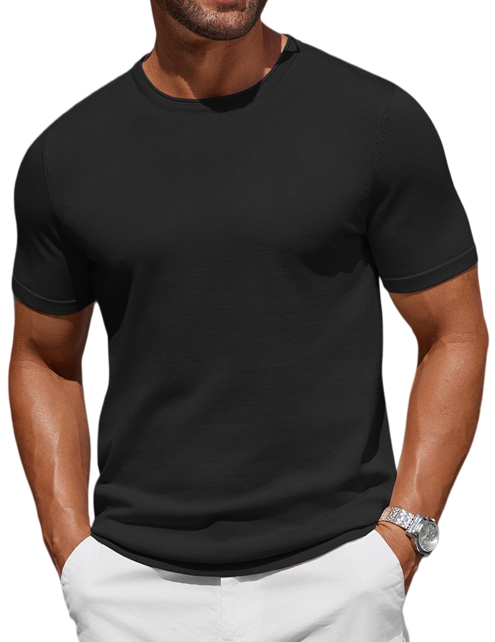 COOFANDY T Shirts Herren Strick Kurzarm Sommer Casual Tshirts Rundhals