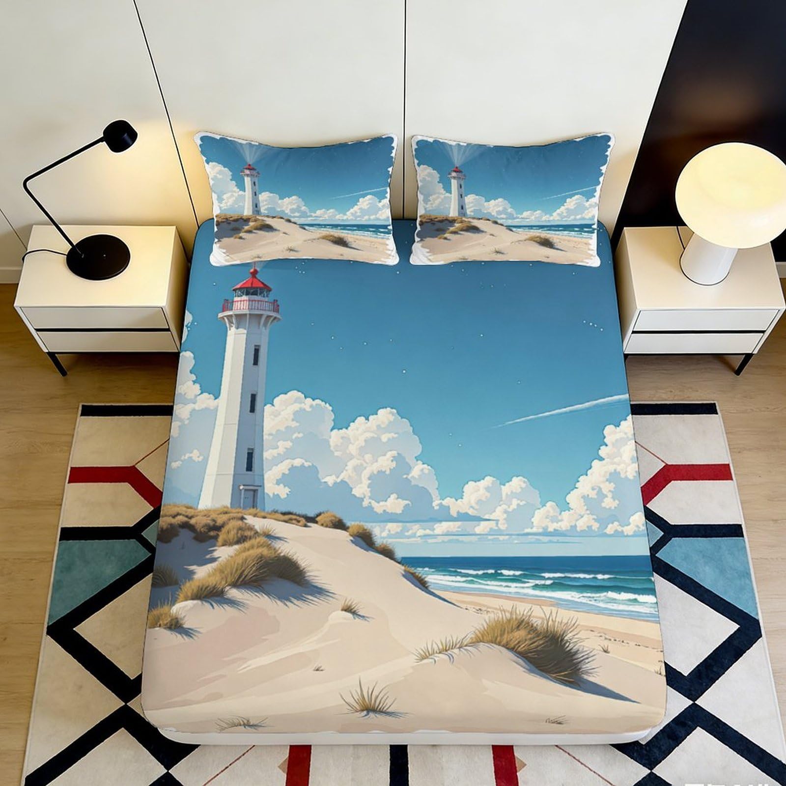 3D Printed Lighthouse Beach Fitted Sheet Microfiber Sand Dune Ocean Mattress Cover Bedroom Protector Washable 90x200x25cm