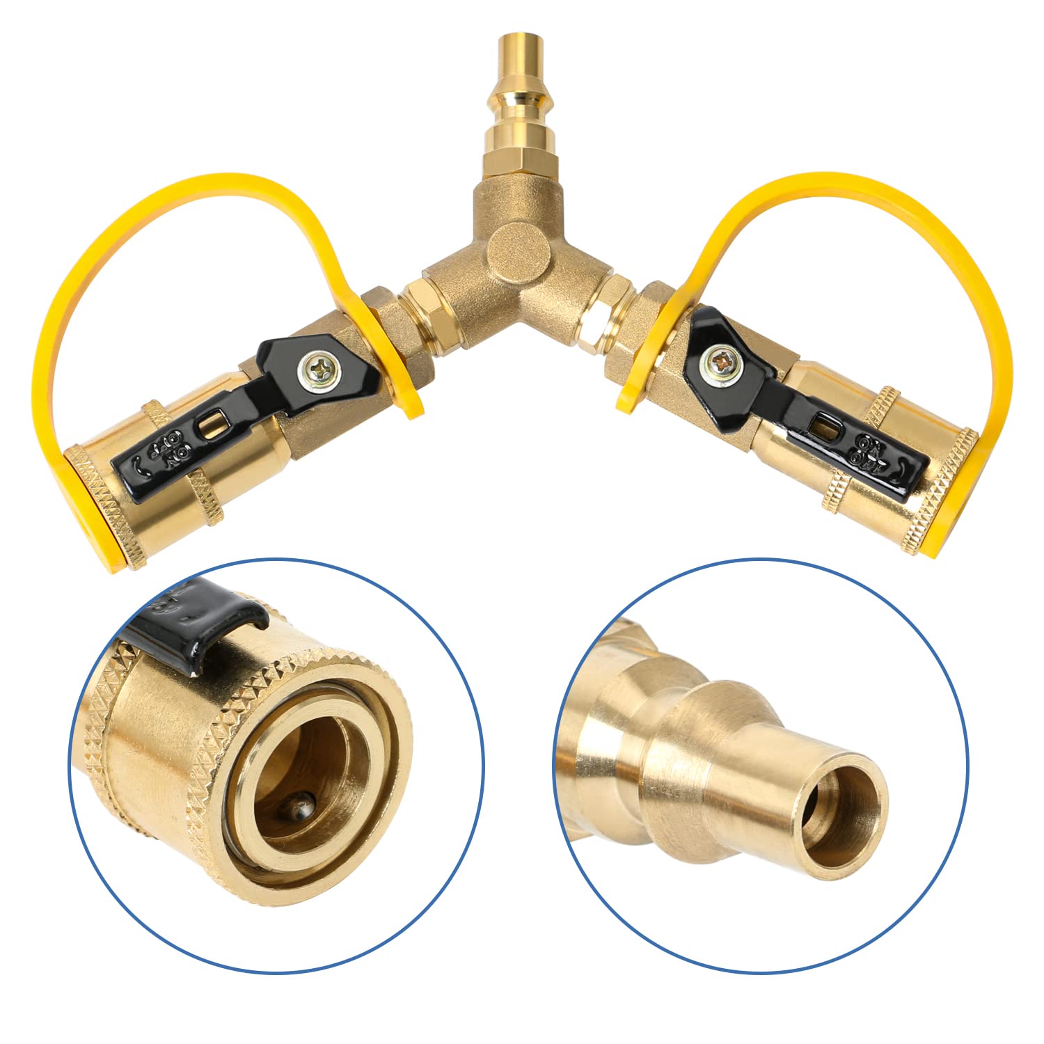 ATKKE Adaptador divisor en Y de propano RV de conexión rápida de 1/4 pulgadas con válvula de apagado para remolque RV, adaptador de gas de vuelta de 2 maneras para manguera de desconexión rápida para
