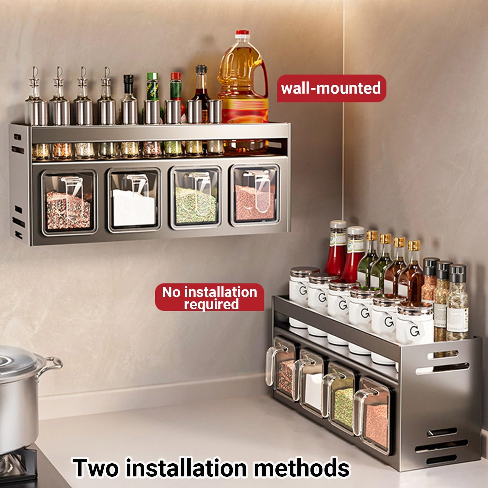 Gewürzregal aus robustem Edelstahl (24 x 10,7 x 12,3 cm) zur Wand- oder Arbeitsplattenmontage für optimale Küchenorganisation