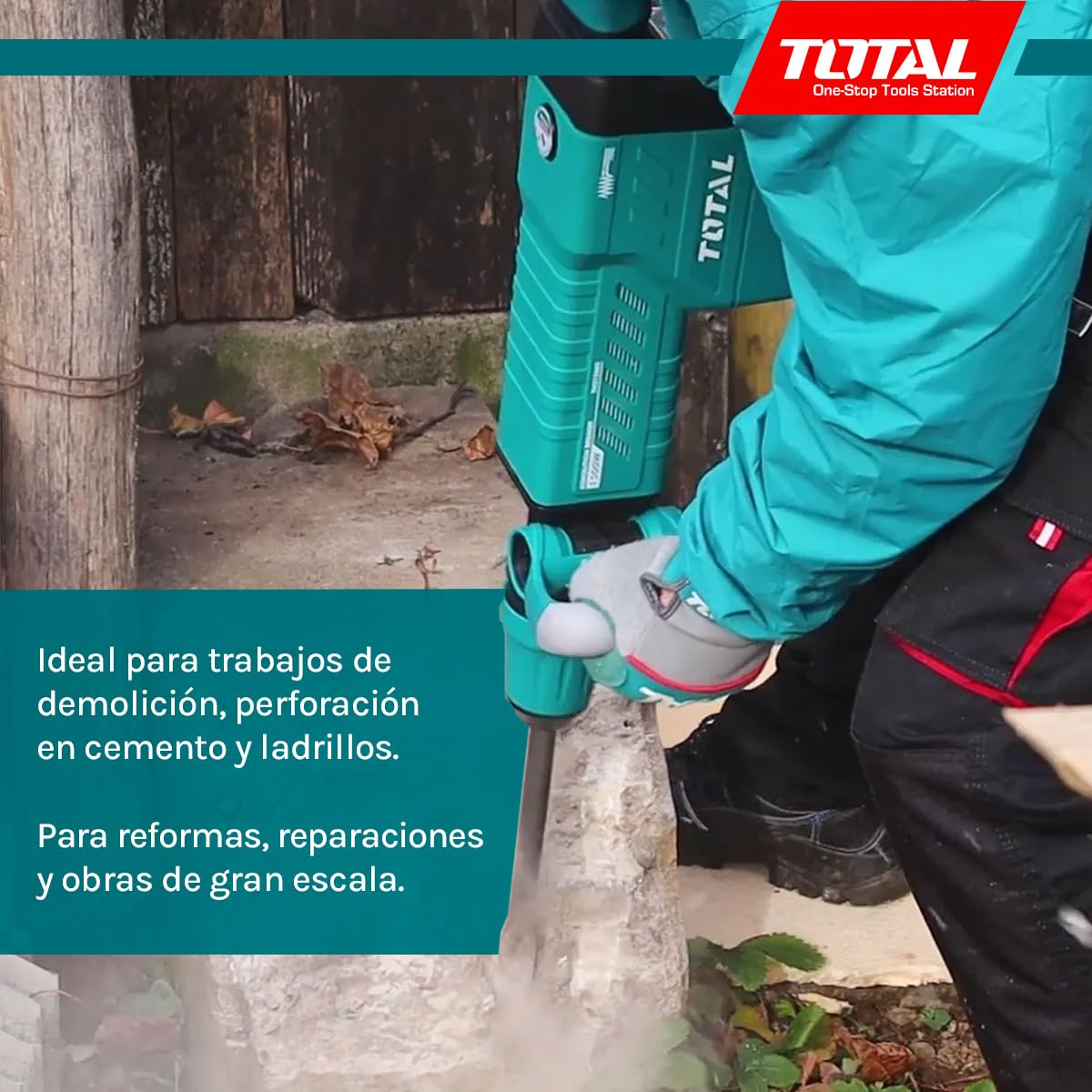 TOTAL - Martillo Picador Eléctrico - 1500W - 1900 Impactos/min - Sistema Antivibración y SDS max - Fuerza de 25 J de Impacto - Incluye 2 Cinceles y Maletín