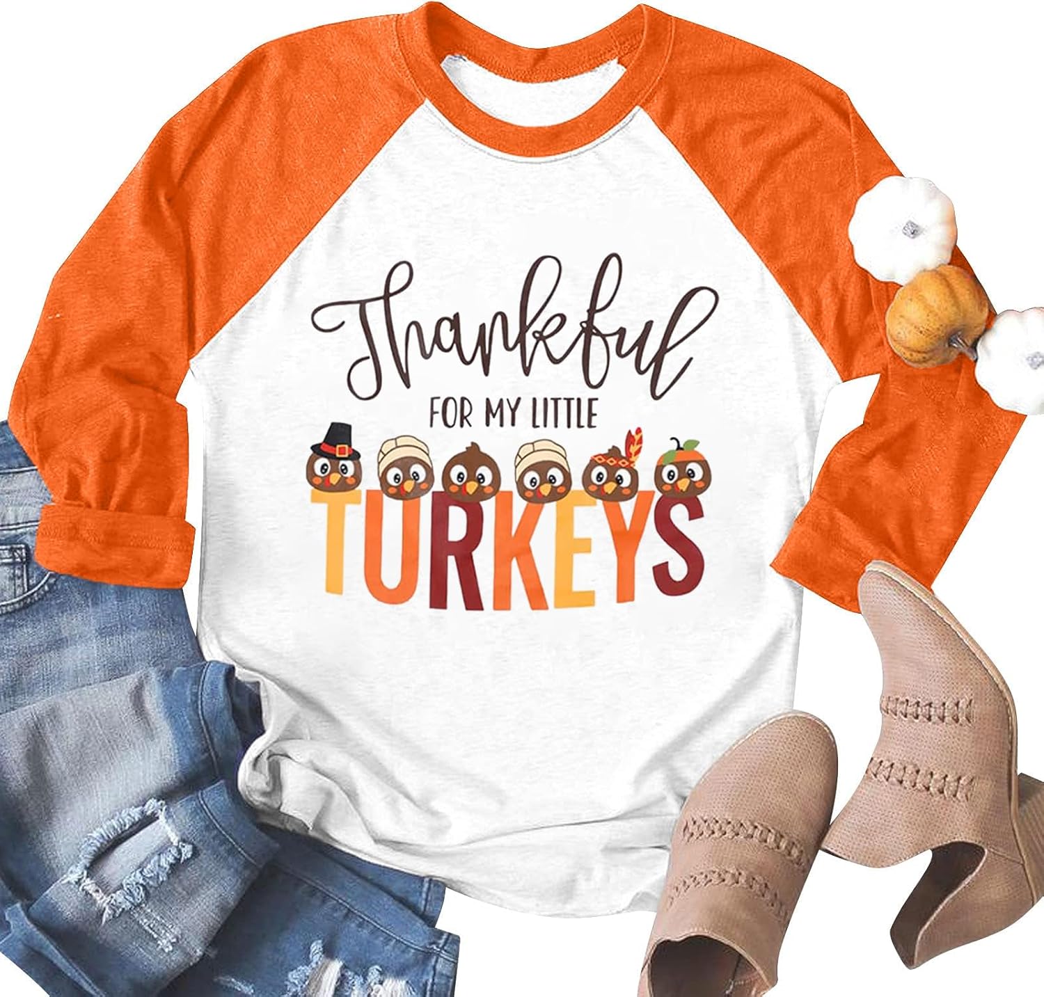 Thanksgiving Shirts for Women Funny Pumpkin Graphic Tshirt Fall Turkey T Shirts Raglan 3/4 Sleeve Tee Tops