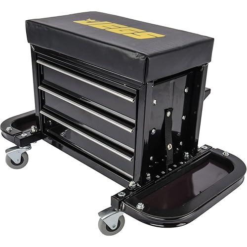 JEGS 3-Drawer Mechanics Roller Seat Tool Box | Black With JEGS Logo | Two Folding Tool Trays With Magnetic Pads | Vinyl Padded Seat Cushion | Rear Tray For Screwdrivers And Pliers | Load Limit 350 LBS