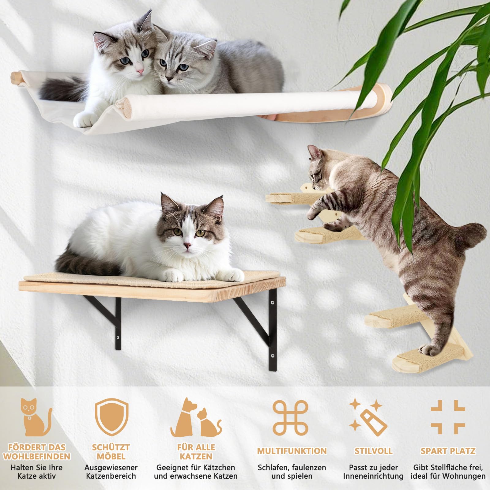 Katzen Kletterwand Set, 55cm x 46cm Katzenhängematte & Katzenwandregale & 2 Katzenleiter, 4er-Set Katzenwandparkour für Katzen, Katzen Wandelemente zum Schlafen und Ausruhen (XL, Beige)
