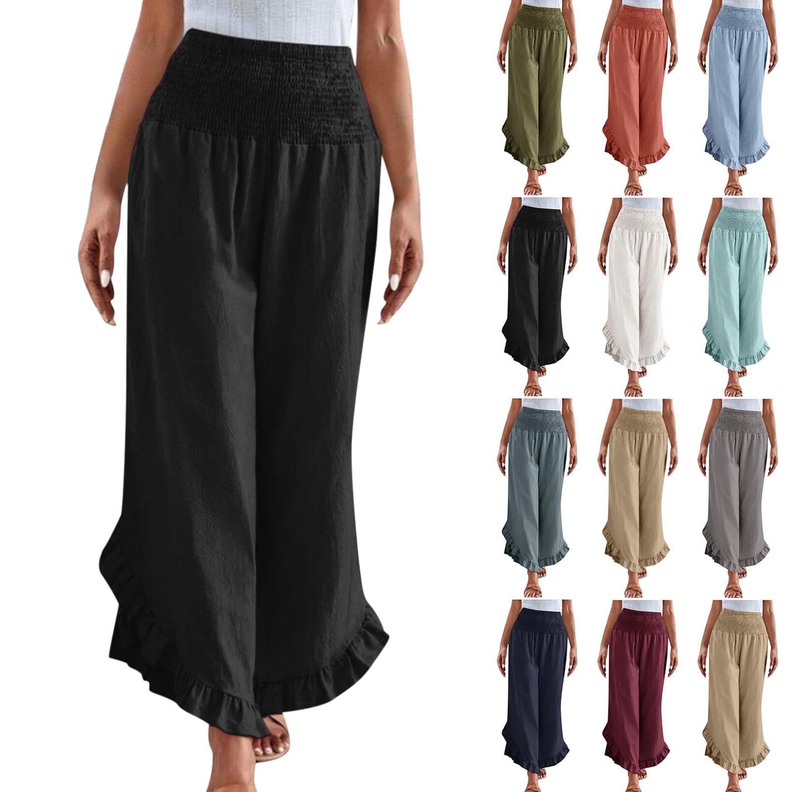 NNBWLMAEE Women's Linen Pants Summer Wide Leg Pants Smocked Waist Ruffle Hem Palazzo Pant Boho Flowy Beach Pant with Pocket (Black,XXL)