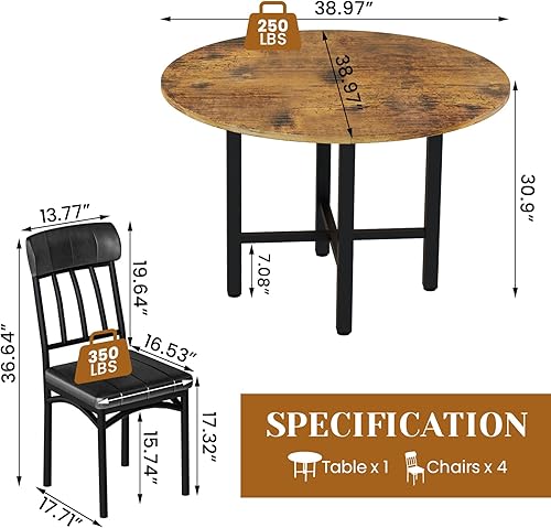 Miniatura 7 de AWQM Juego de mesa de comedor redonda para 4, mesa de cocina circular de madera y sillas para 4, juegos de comedor modernos con 4 sillas de piel