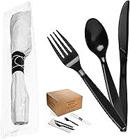 Vista 1 de Juego de cubiertos preenvueltos negros de 200 quilates, cubiertos envueltos con servilleta, cubiertos de plástico preenrollados para bodas