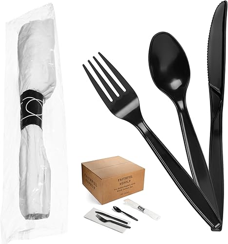 Faithful Supply Juego de cubiertos de plástico negro de 200 quilates para fiestas, juego de cubiertos de plástico envuelto con servilleta, juego de