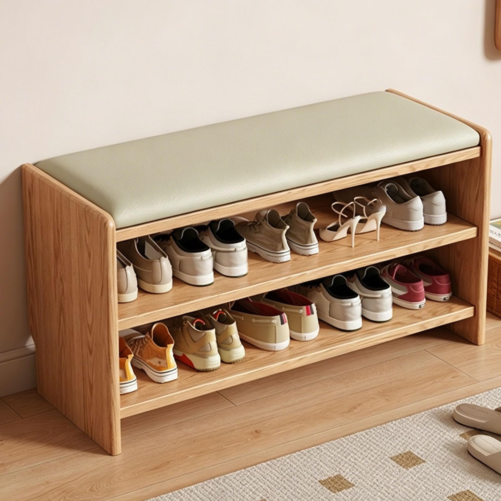Étagère à chaussures en bois massif avec assise en cuir PU robuste à 2 niveaux de rangement