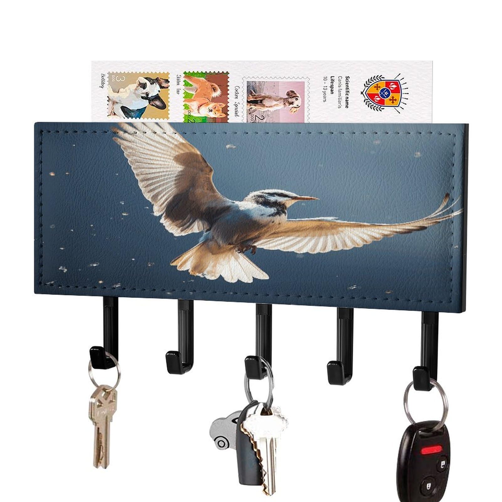 JTREHY Bird Migration Key Holder Wall Mount Decorative Key and Mail Holder PU Leather Adhesive Key Organizer Hanging Key Hooks Wall Shelf with 5 Hooks for Entryway Hallway Office