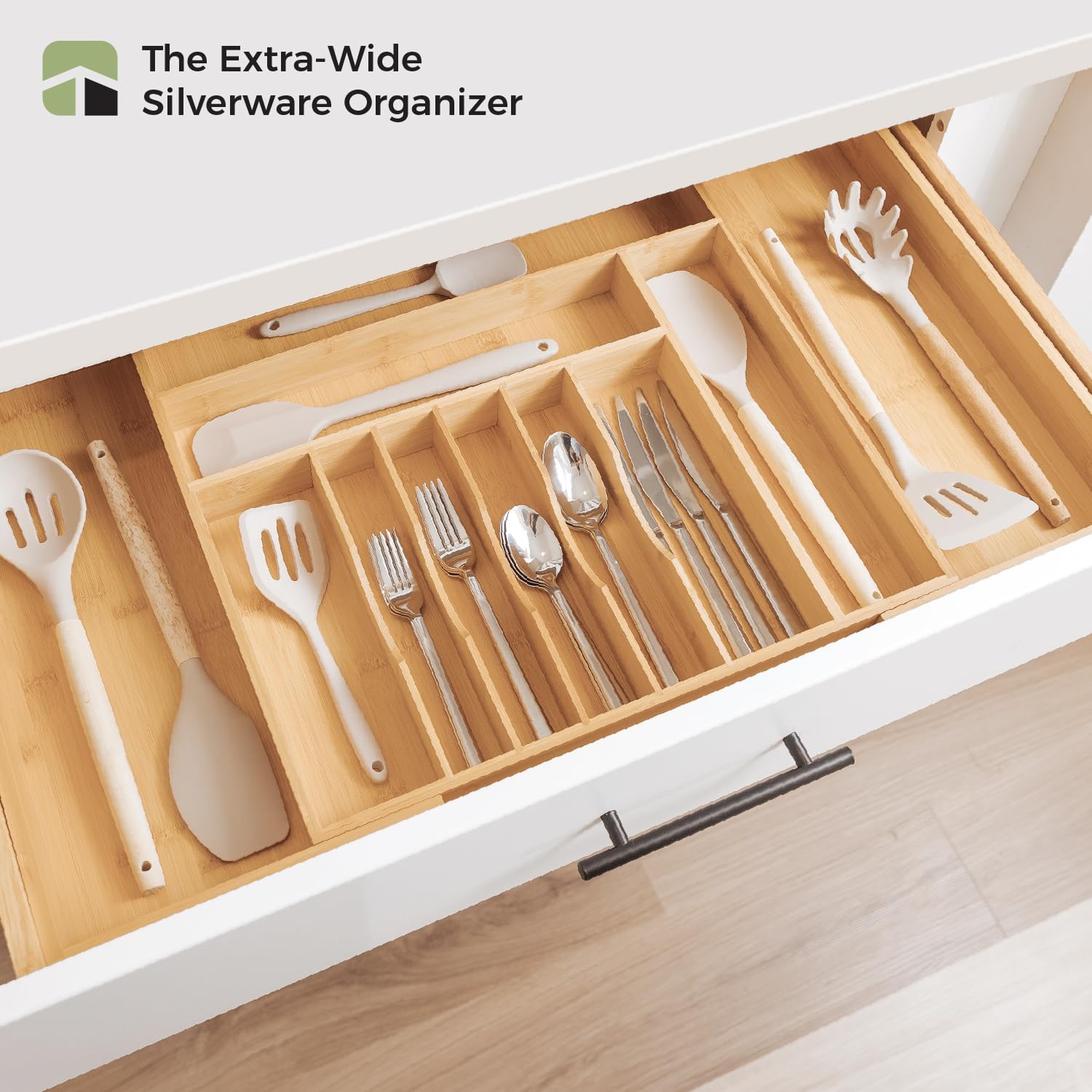 KitchenEdge Taca na sztućce i organizer na przybory kuchenne do szuflad kuchennych, możliwość rozszerzenia do 83 cm szerokości, 11 przegródek, 100% bambus