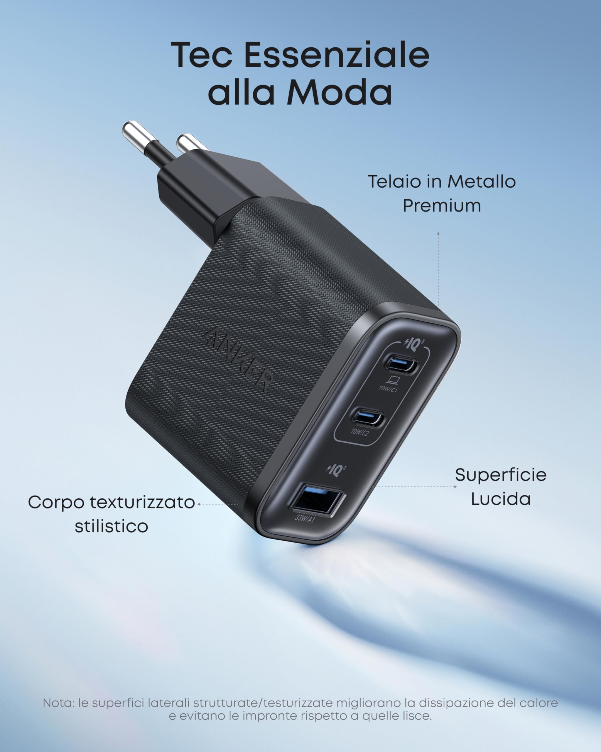 Anker Caricatore USB C 70W 3 Porte PIQ 3.0 per iPhone 17 Pro Max MacBook Pro iPad Galaxy Pixel Nero