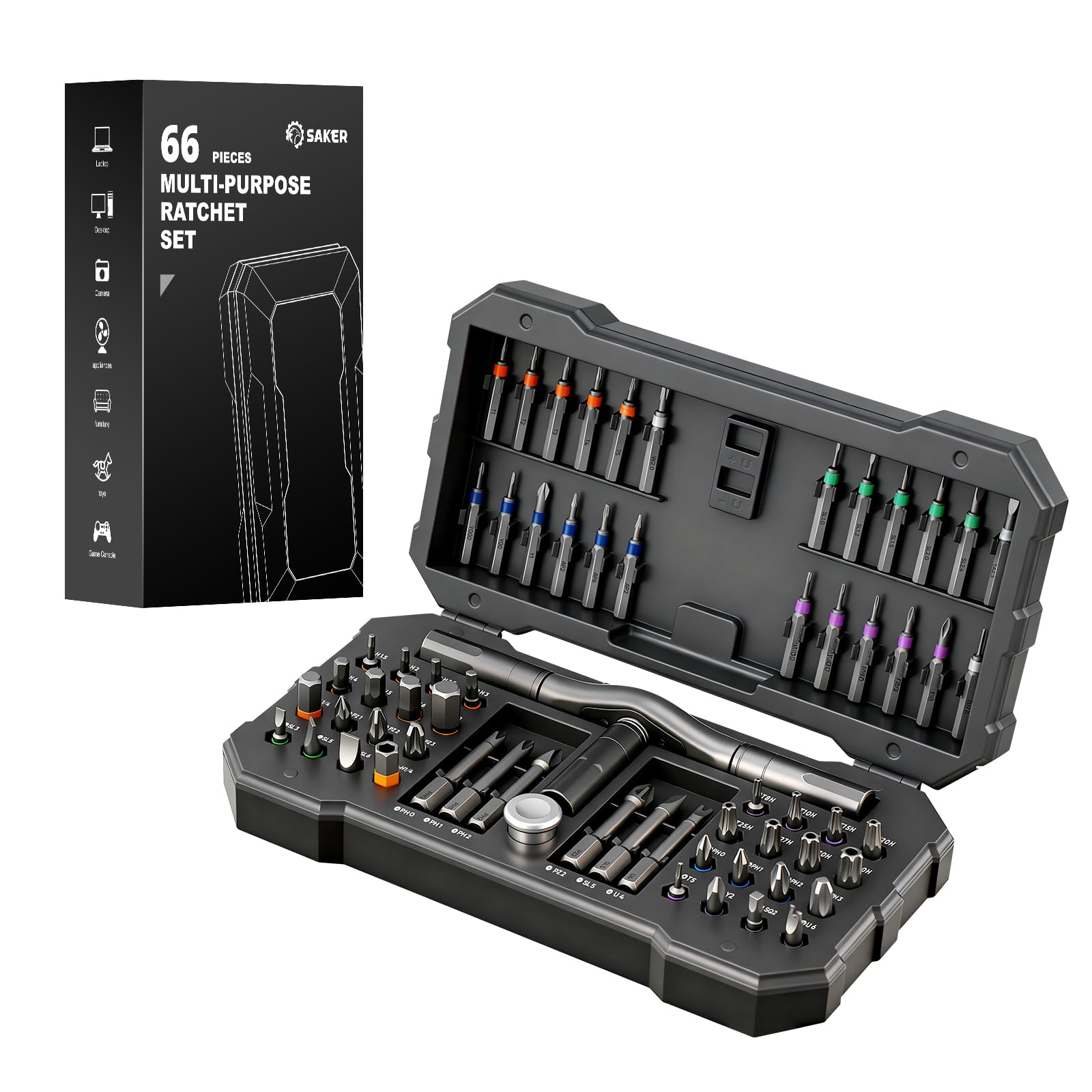 Saker 66 en 1 Tournevis Magnétique Cliquet Kit de Tournevis Portable Multi-Bit avec Poignée Amovible pour Électronique, Ordinateur, Meuble, Vélo, Bricolage Réparation, Cadeau