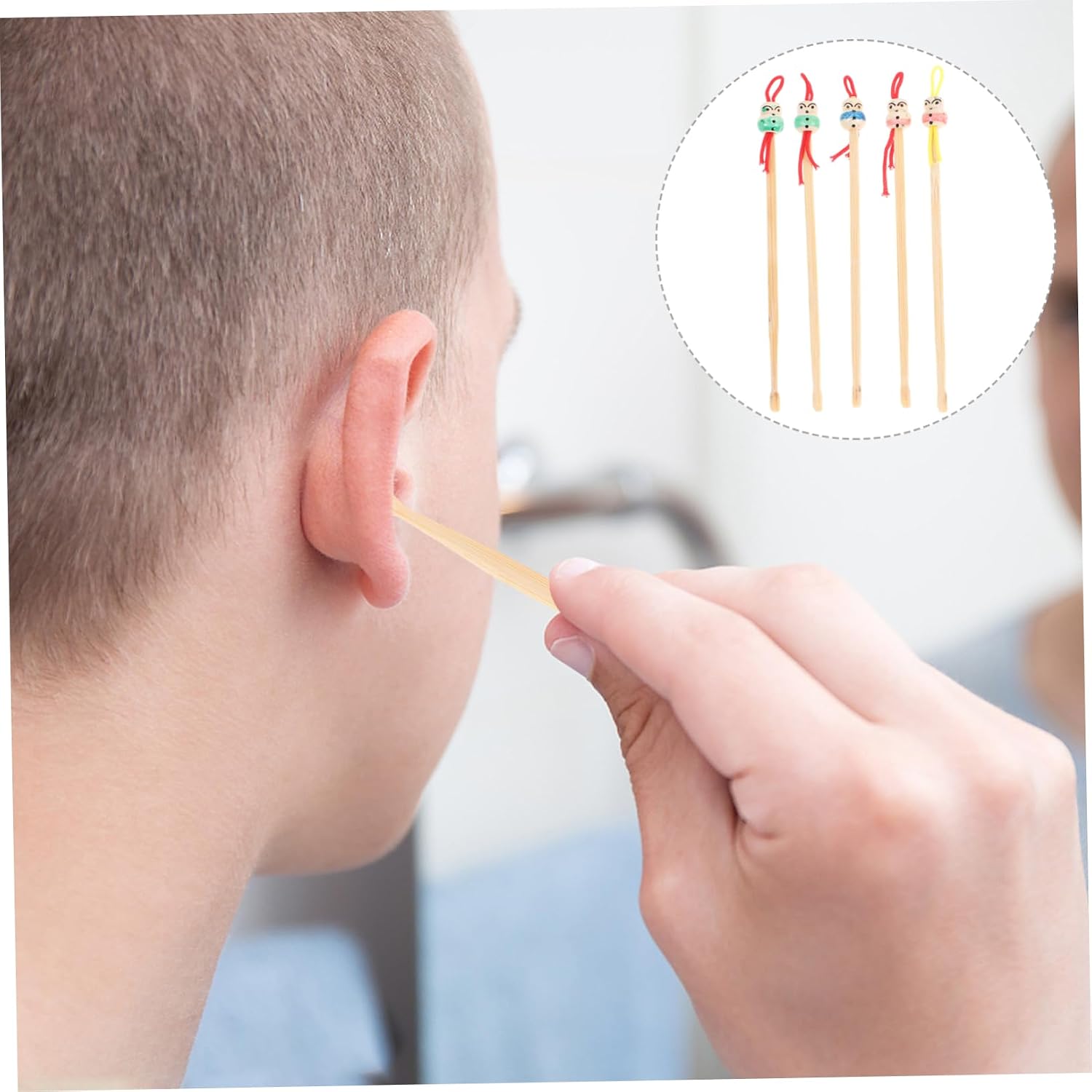 5pcs Bamboo Ear Cleaning Tool Cartoon Doll Head Design for Safe and Gentle Ear Wax Removal Skid Resistant for Personal and Family Use