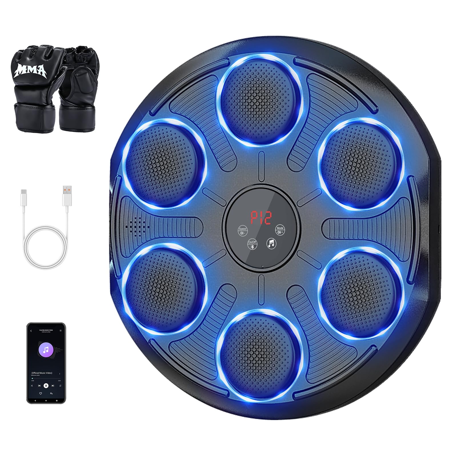 Music Boxing Machine mit 12 Geschwindigkeiten & Modi, 1 Paar Boxhandschuhe, Bluetooth, LED-Lichter, Zählmodus, Elektronische Boxmaschine für Erwachsene und Kinder Zuhause, Home Fitness
