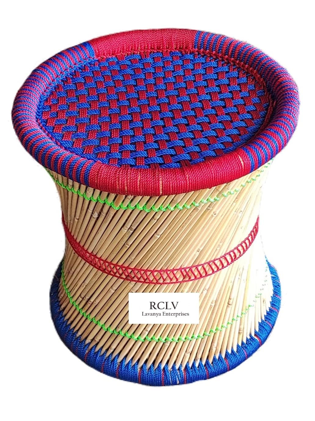Pure Handmade Eco-Friendly Cane Wood Bamboo Sitting Stool, Mudda for Indoor/Outdoor Colorfull with Size 15X15 (Blue & Red)-image-3