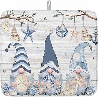 Coastal Eucalyptus Dish Drying Mat for Kitchen Counter Ocean Blue Gnomes Starfish Leaf Wood Grain Baby Microfiber Drying Pad, Absorbent Coffee Cup Dishes Drainer Mats 16"x18", 1 Pcs