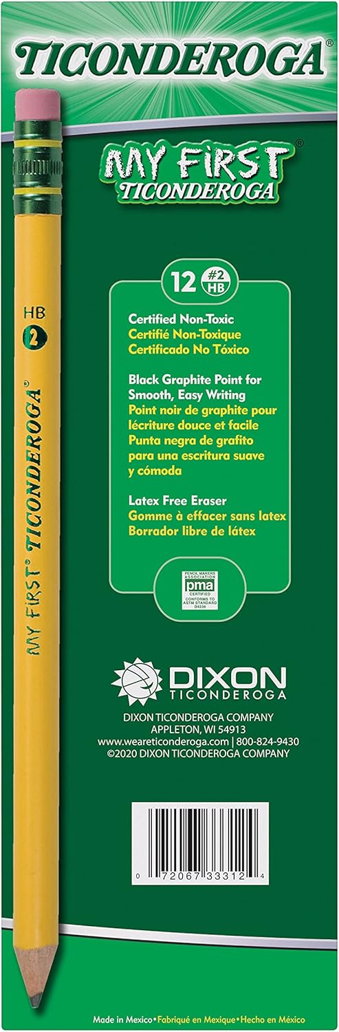 TICONDEROGA My First Pencils, Wood-Cased #2 HB Soft, Pre-Sharpened with Eraser, Yellow, 12-Pack (33312) : Wood Lead Pencils : Office Products