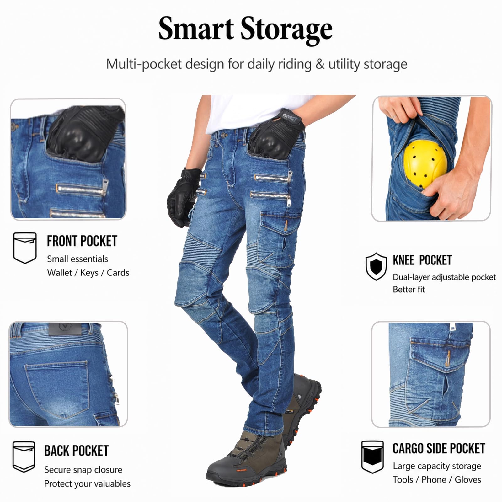 Motorradhose Herren Jeans, Motorrad Jeans Herren Stretch Denim, Cargo Biker Hose Männer, Vorgeformter Schnitt, Mehrere Taschen, Urban Motorradbekleidung 4 Jahreszeiten