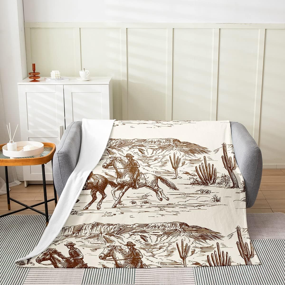 Erosebridal Western Blanket Queen Inch Cowboy Throw Blanket American Wild West Desert Hand Drawn Illustration Fleece Blanket Country Theme Bedroom Decor Fuzzy Blanket for Boys Men Teens