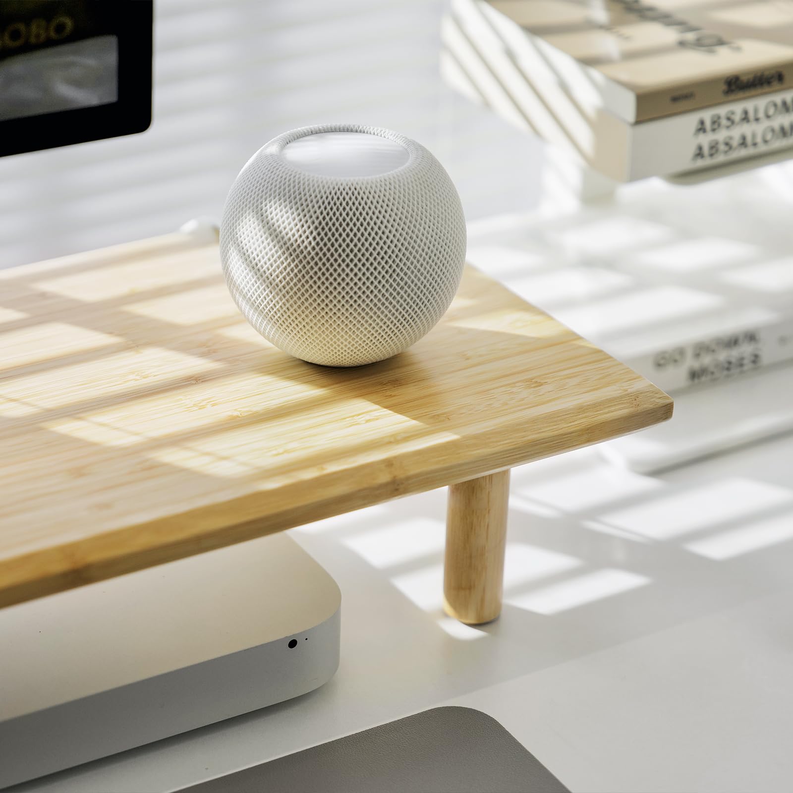 Soporte elevador de bambú para monitor doble con estante de almacenamiento, organizador de escritorio ergonómico para oficina en casa, WFH y trabajadores remotos (se adapta a 2 monitores