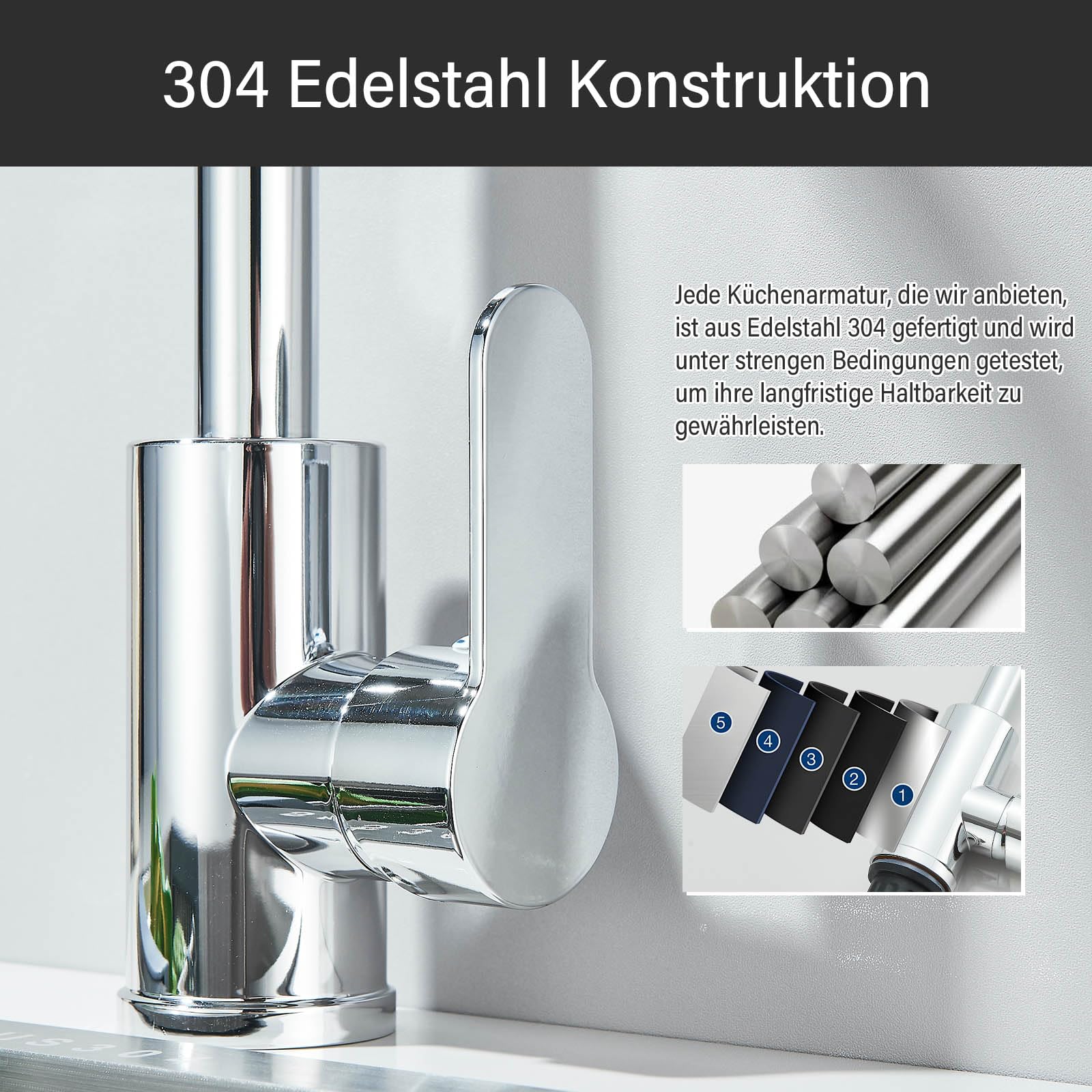Wasserhahn Küche Küchenarmatur mit Einhebelmische 360° Drehung Hochdruck Spültischarmatur Mischbatterie Küche Edelstahl Küchenarmatur mit Hoher Auslauf, Chrom