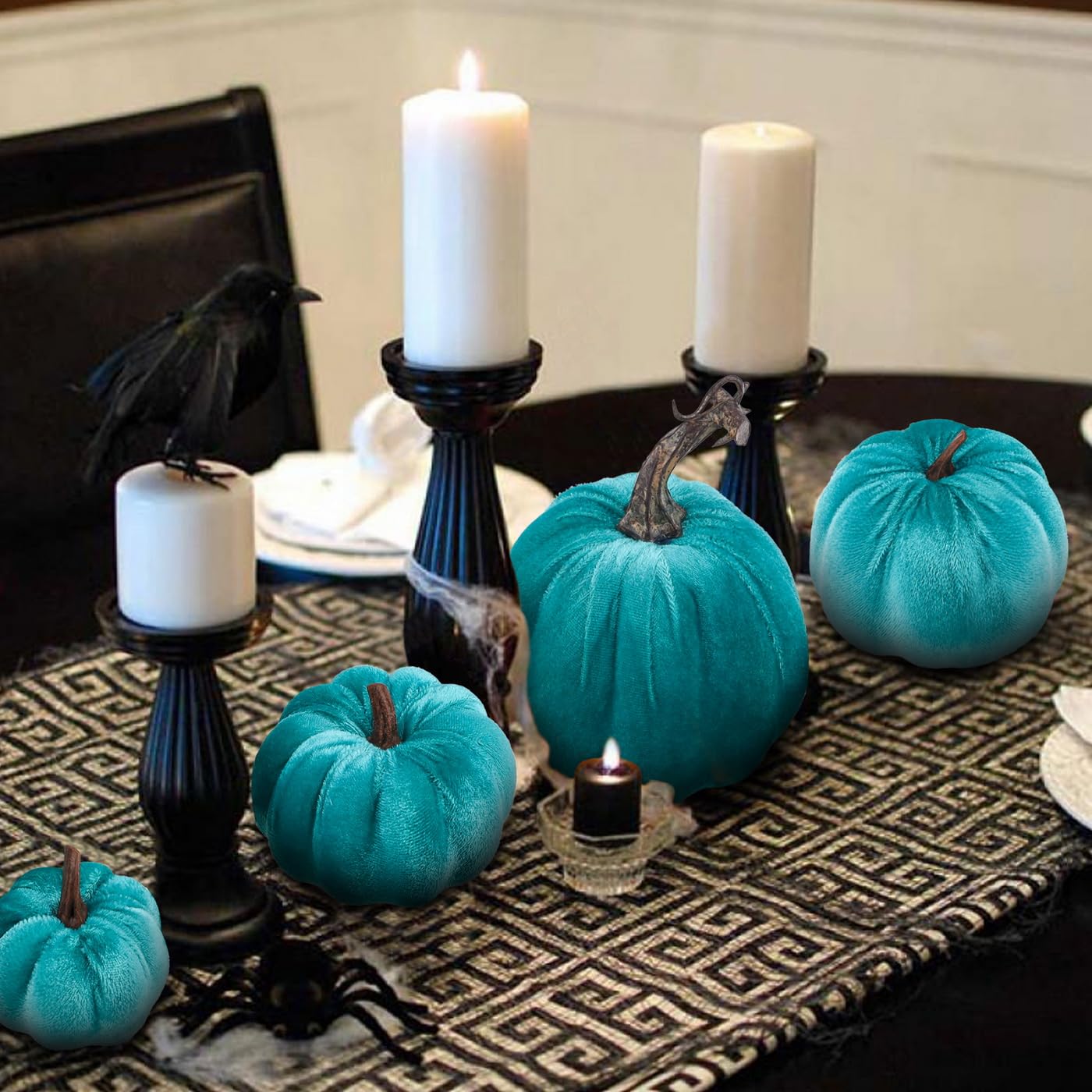 Zucche finte in velluto artificiale, blu, 8 pezzi, per Halloween, Ringraziamento, fatto a mano, per la casa, la cucina, la festa all'aperto