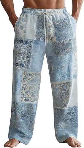 QXQLSH Pantalon de yoga en lin pour homme Motif floral bo…