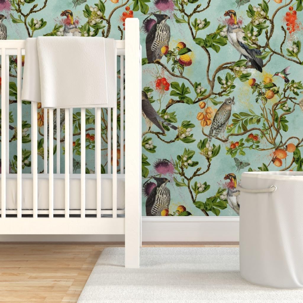 Peel & Stick Wallpaper 3ft x 2ft - Vintage Birds Falcon Hawk Watercolor Chinoiserie Antiqued of Prey Blue Green Botanical Custom Removable Wallpaper by Spoonflower