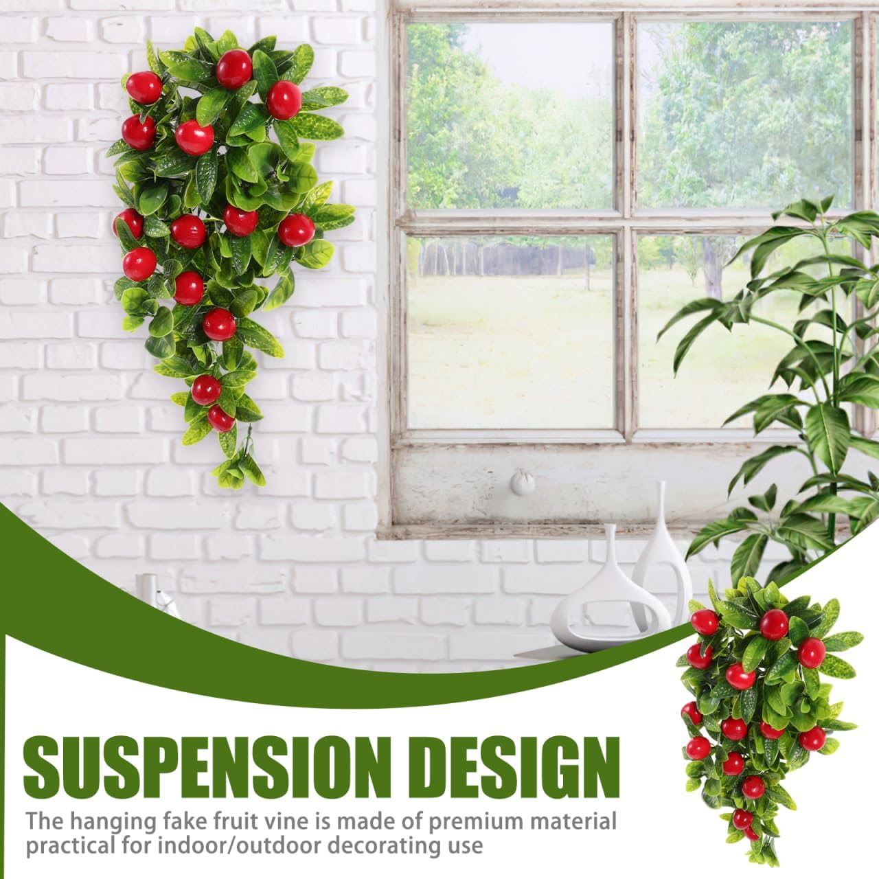 EXCEART Simulated Hanging Fruit Vine with Leaves Artificial Cherry Garland Wall Decor for Home Party Indoor Outdoor 15.74X7.48X3.14 Inch