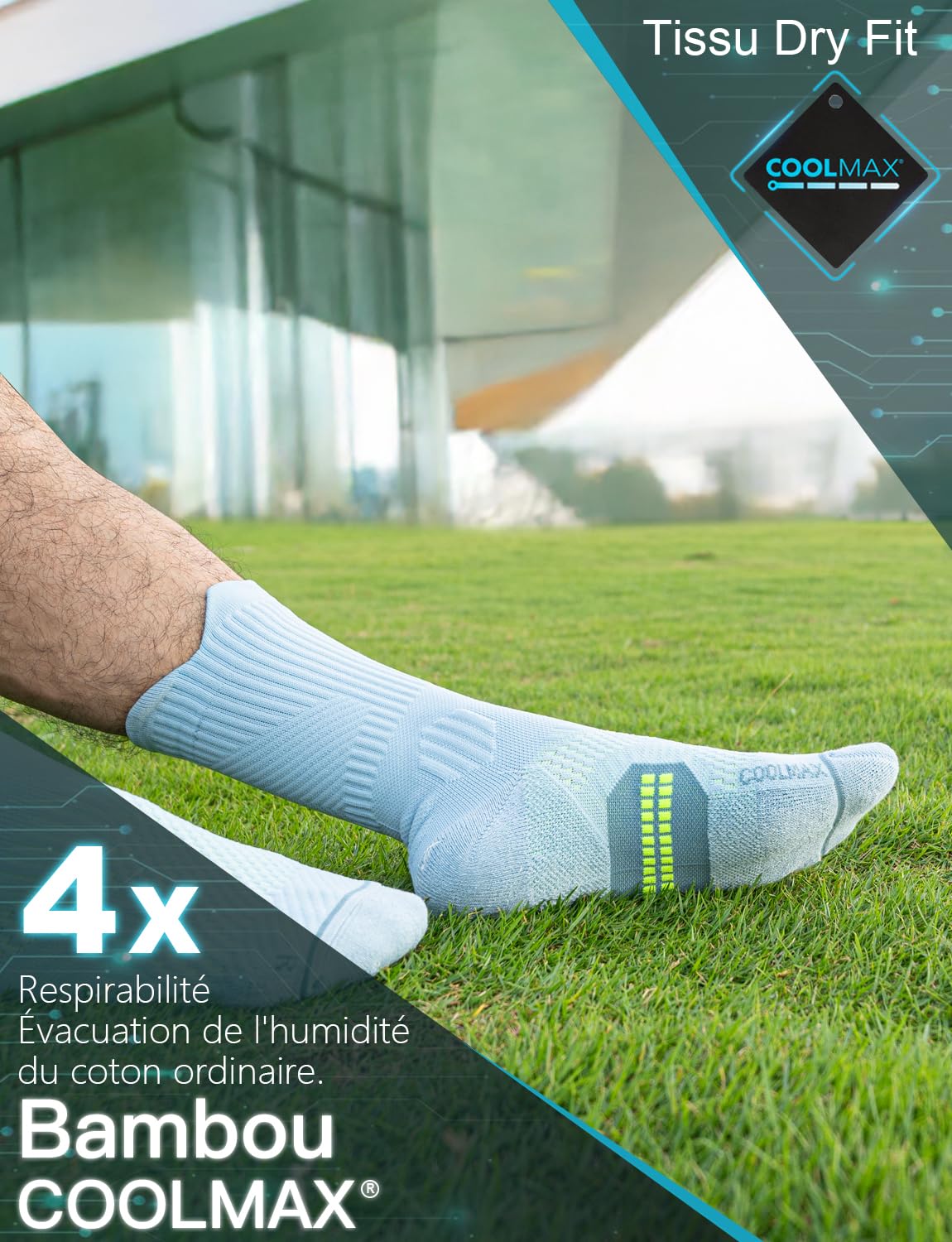 Juclise Chaussettes de course à pied en bambou Coolmax pour homme, compression, évacuation de l'humidité