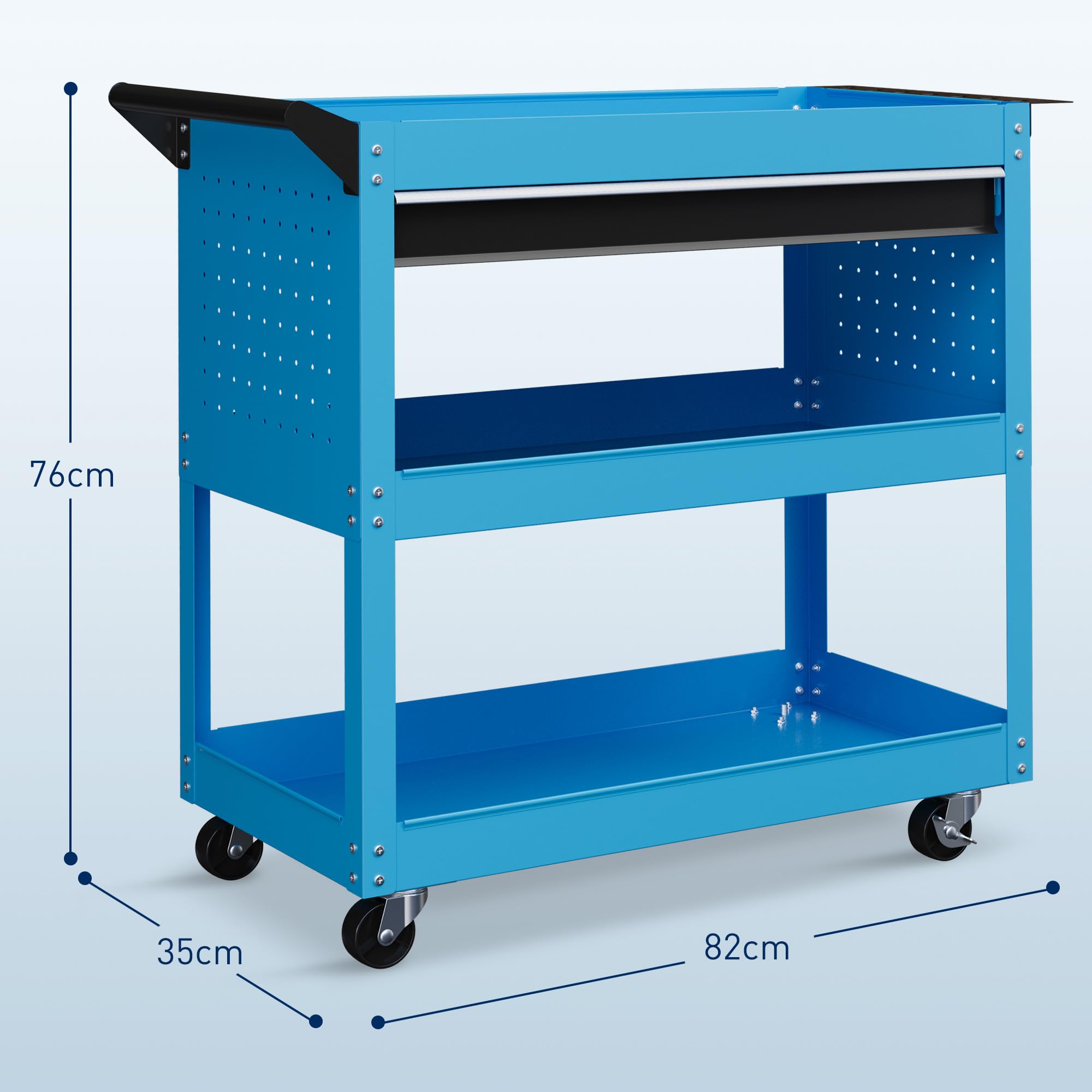 DURHAND Carro de Taller, Carro de Herramientas con 3 Bandejas, Cajón, Panel Lateral Perforado, Asa Lateral, Ruedas con Frenos, para Garaje Mecánico, Hogar, Azul