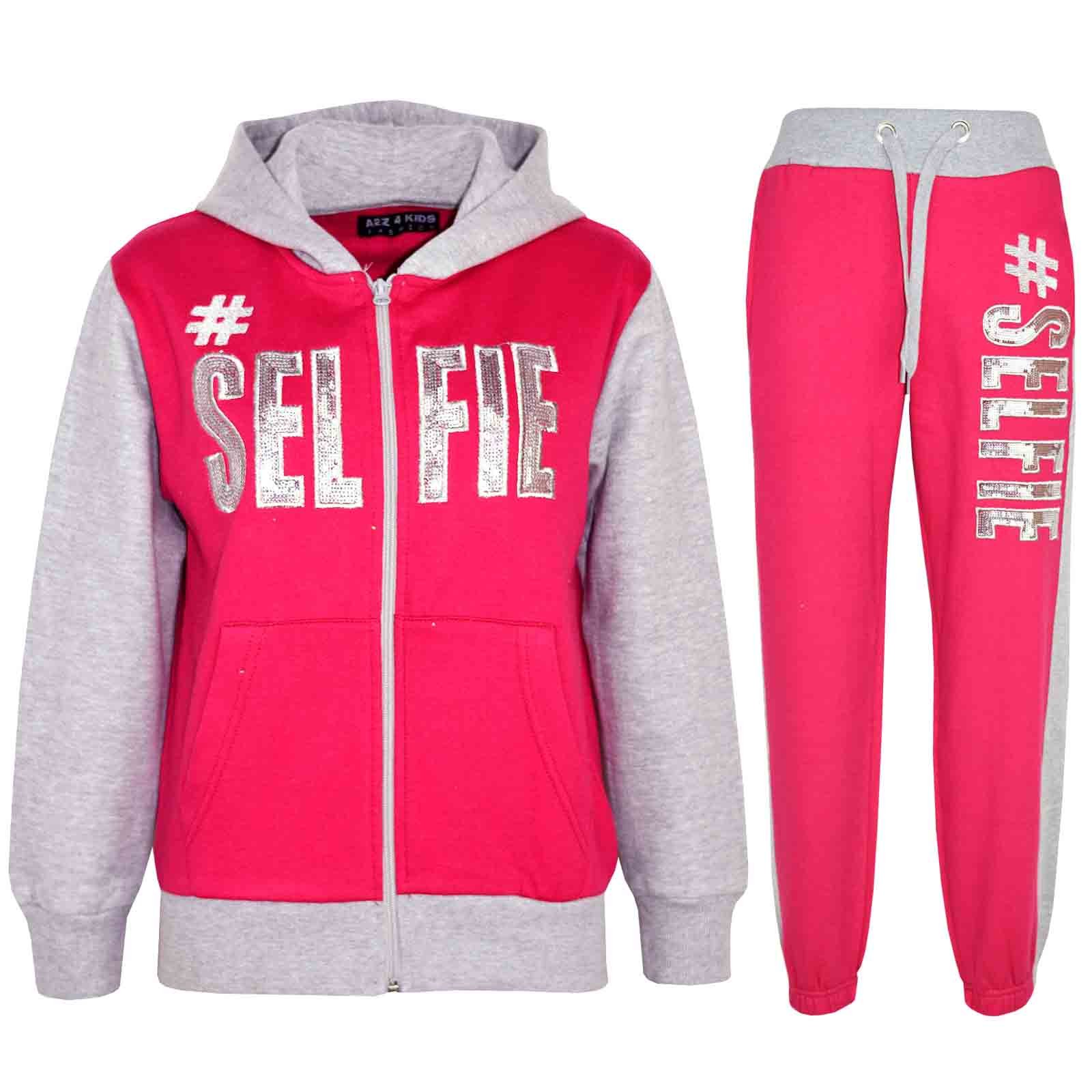 A2z 4 Kids Girls Pink & Grey Tracksuit Hooded Sweatshirt Top Bottoms Comfortable Gym Jogging Suit - T.s Selfie Pink Grey 11-12