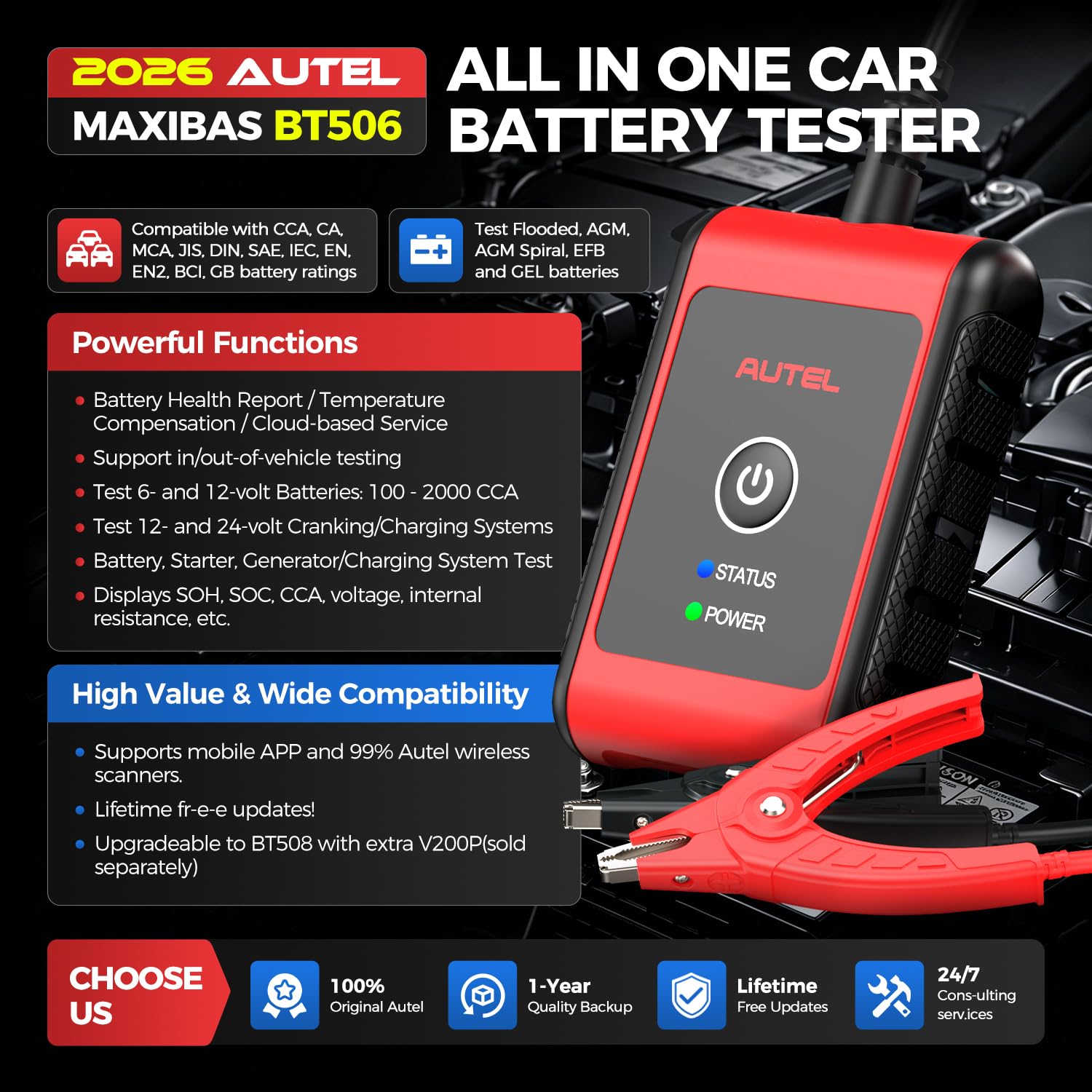 Autel MaxiBAS BT506 Batterietester, 6V 12V 100-2000 CCA Autobatterie-Analysator, Start-und Ladetest, digitales Batterielast-Testgerät für alle Fahrzeuge, Batterietest im Fahrzeug/außerhalb Fahrzeugs