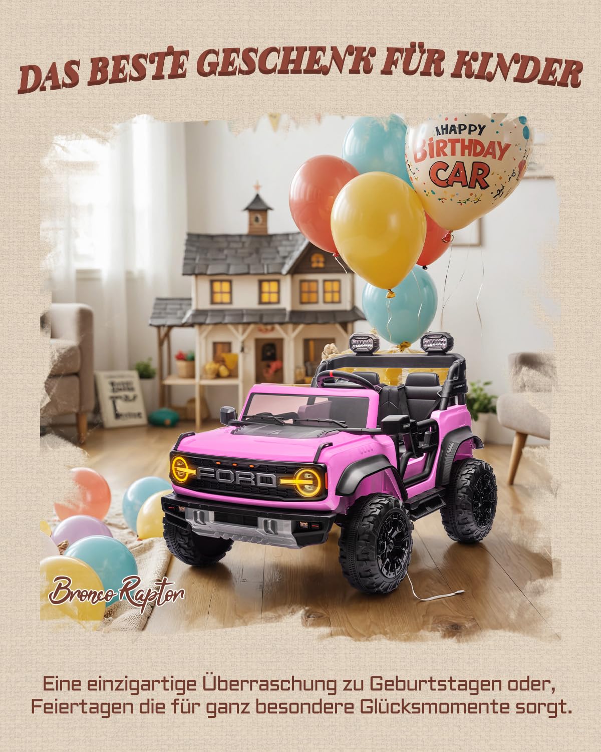 First Ride On Lizenzierter Ford Bronco Raptor, 24V Elektroauto für Kinder, 2-Sitzer Aufsitzauto mit Fernbedienung, LED-Licht, Musik, High/Low Speed (Rosa)