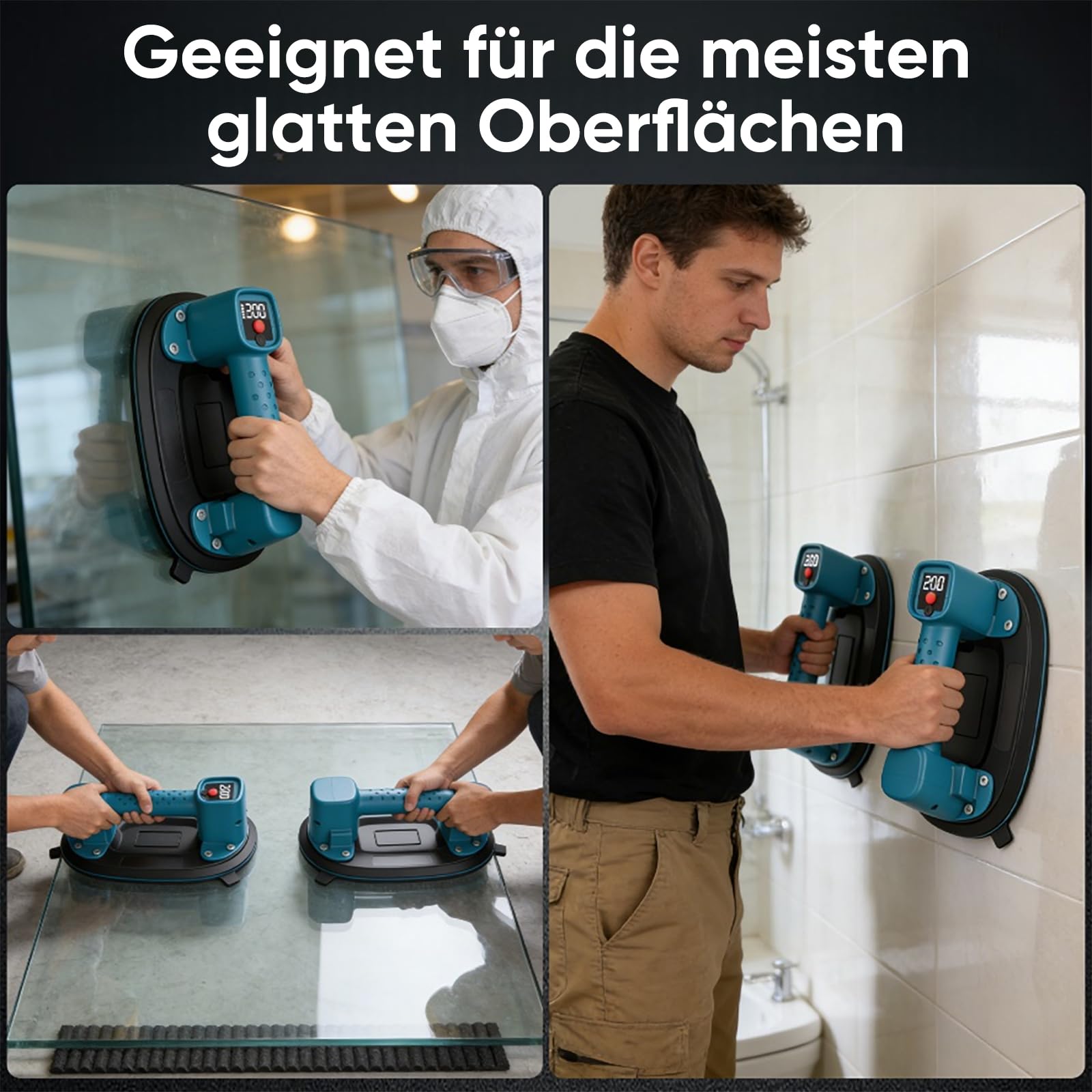 Akku Saugheber, 300 kg Tragkraft, Elektrischer Vakuumheber mit LCD-Anzeige & 4000 mAh Akku, Auto Nachsaugfunktion, Doppelmotor, 10" Saugnäpfe für Fliesen, Glas, Terrassenplatten (1er-Set)