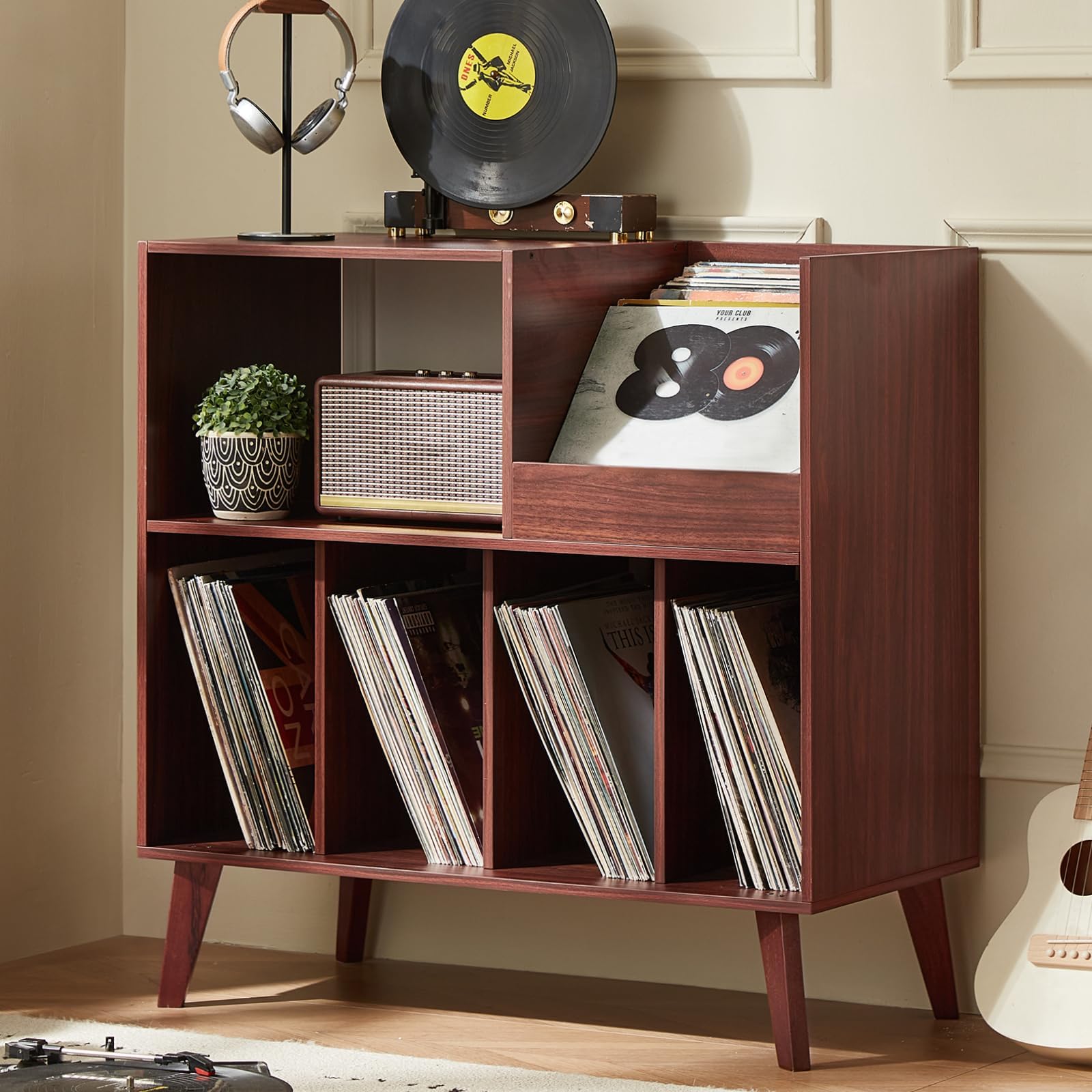 Large record stand with storage, record player stand with shelf, vinyl record holder with presentation surface, record stand for up to 300 albums, record shelf for music room and living room
