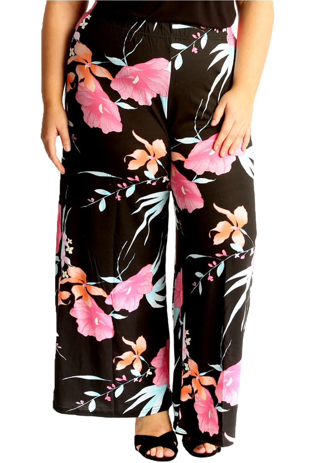 Fairy Boutique Women's Pink Ornage Floral Plain Printed Wide Leg Crepe Palazzo Trousers Plus Size Casual Flared Pants 16-18