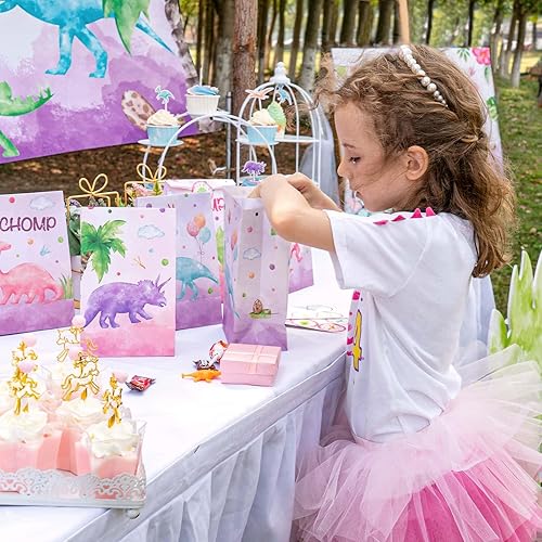 Miniatura 6 de WERNNSAI Bolsas de regalo de dinosaurios de acuarela, 24 bolsas de recuerdos de fiesta de dinosaurios rosas con calcomanías para niñas y niños,