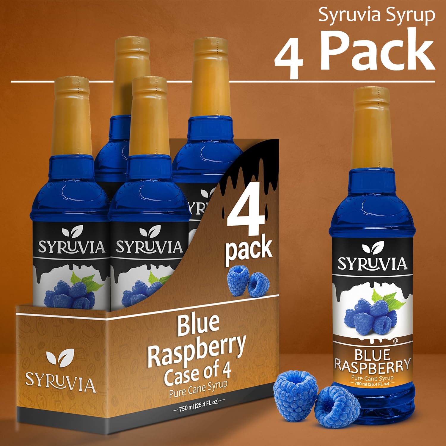 Blue Raspberry Syrup by Syruvia 4-Pack, 25.4 fl oz, Wholesale Coffee Syrup Shops, Cafes, Baristas, Bistros, & Beverage Bars, Bulk Kosher & Gluten-Free