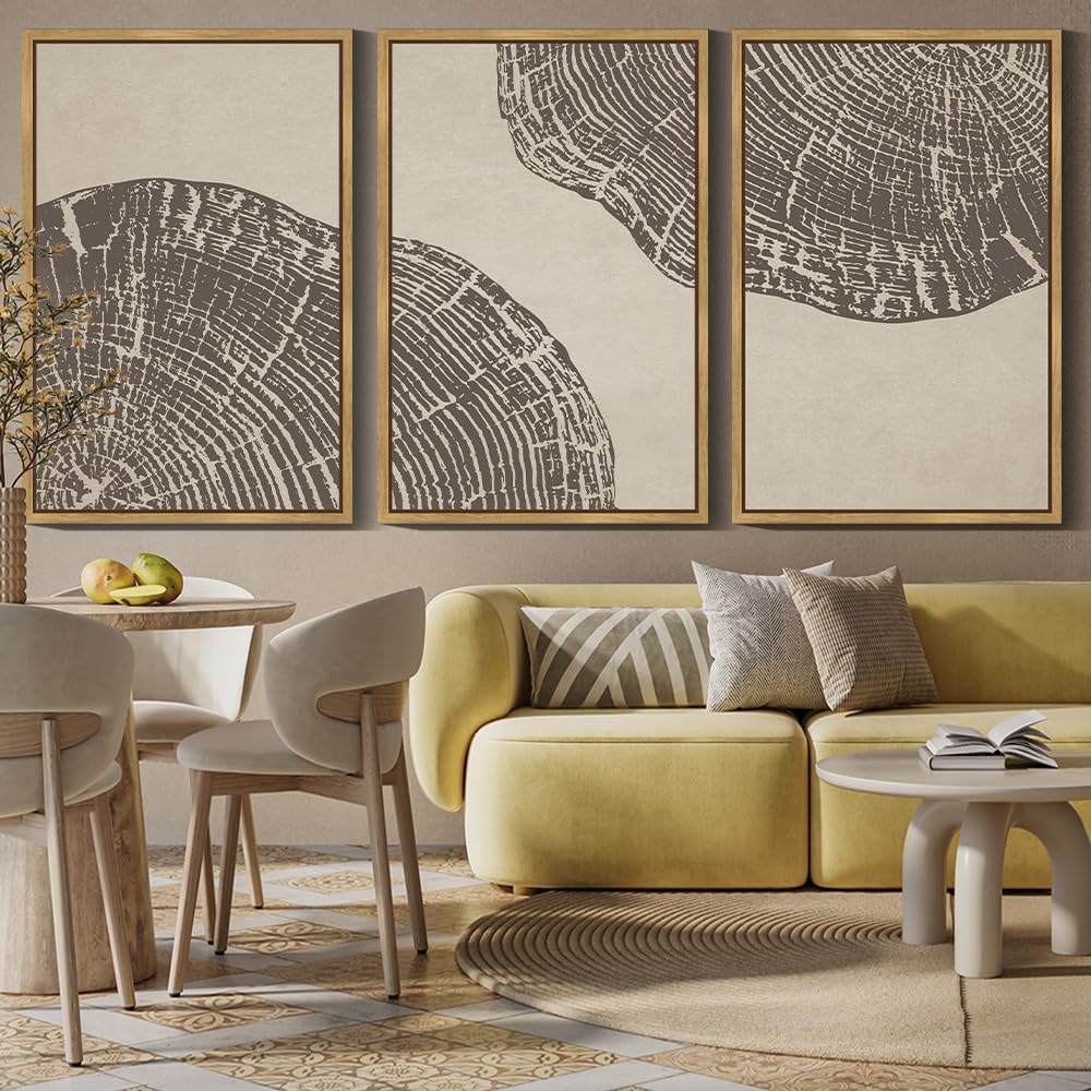 phopago farmhouse vintage framed wall art large 24x36in set gray wood tree ring spirals nature abstract drawings rustic modern art decor for living room bedroom - natural framed retro tree ring 24" x 36" x 3 pcs natural