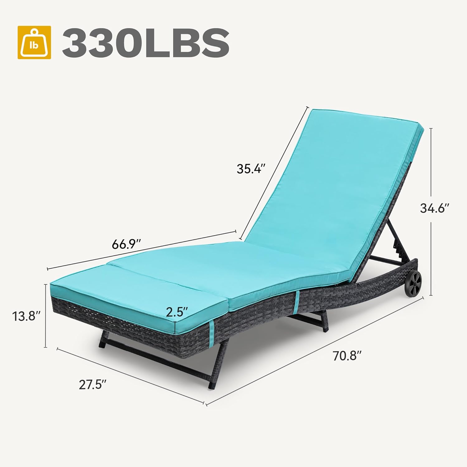 DWVO Outdoor Wicker Chaise Lounge with Cushion, Rattan Poolside Lounge Chair Set of 2 with 5-Position Adjustable Backrest, Removable Cover and Wheels, Blue