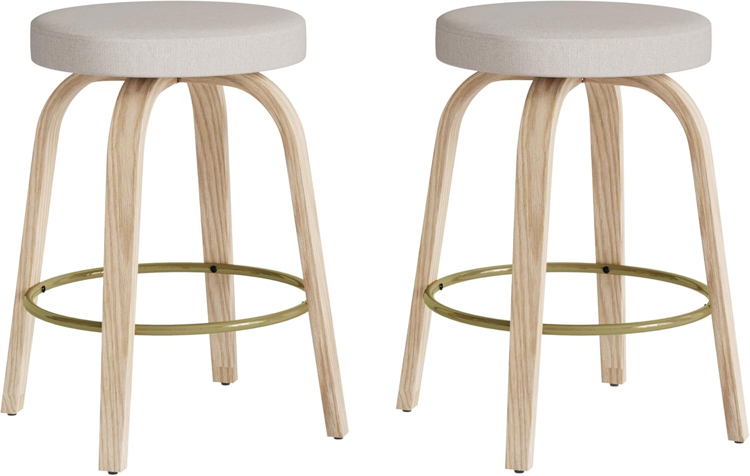 Swivel Bar Stools Set of 2, 24" Counter Height Backless Bar Stool, Fabric Upholstered Seat, Sturdy Curved Wood Legs, Mid-Century Modern Island Stools for Kitchen Bar, Dining Room, Beige