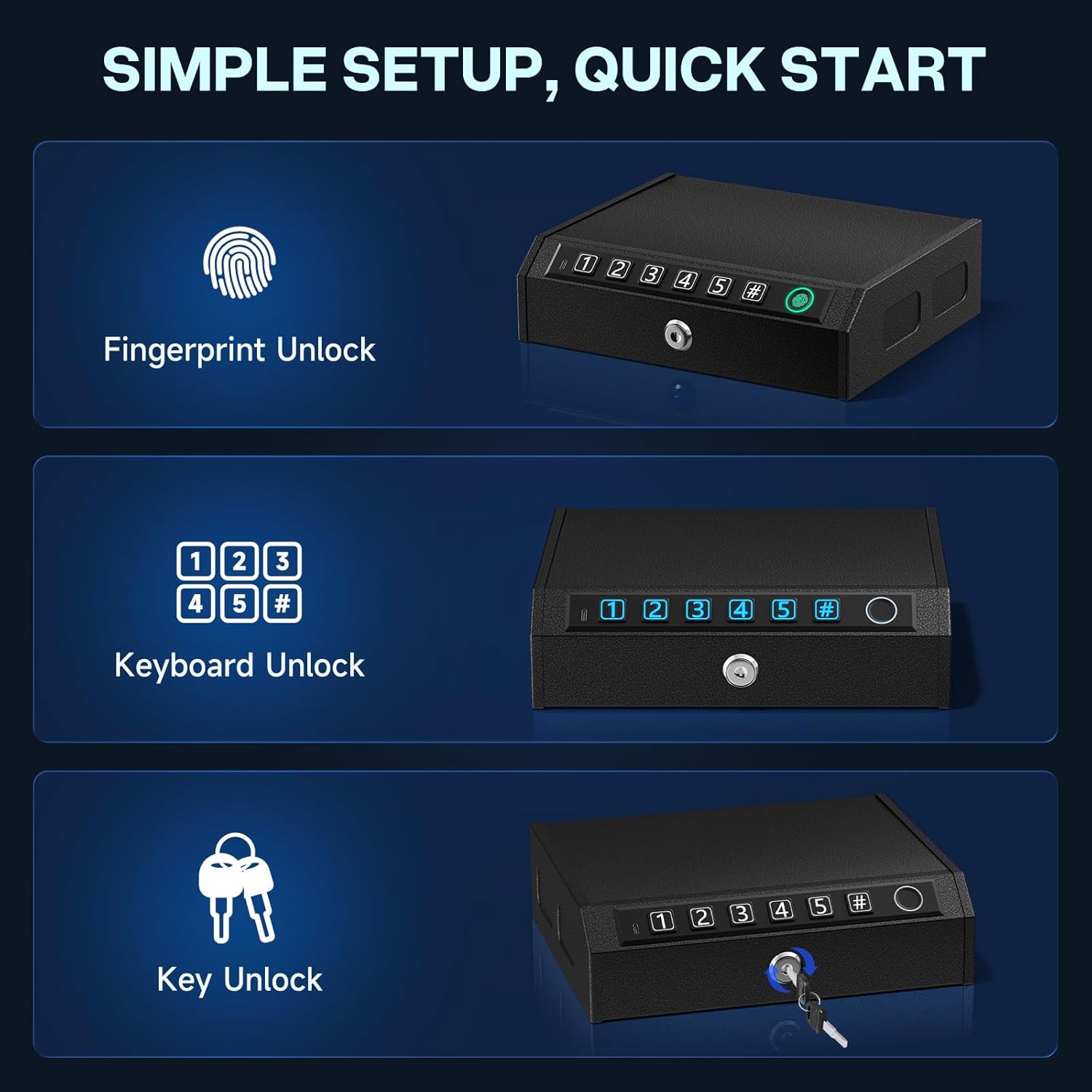 Gun Safe for Handgun, Biometric Handgun Safe with Stealth Mode Quick Access with LED Light, 3-Way Unlock Fingerprint Digital PIN Key Pistol Safe, Handgun Safe Lock Box with Carbon Steel Cable for Car thumbnail