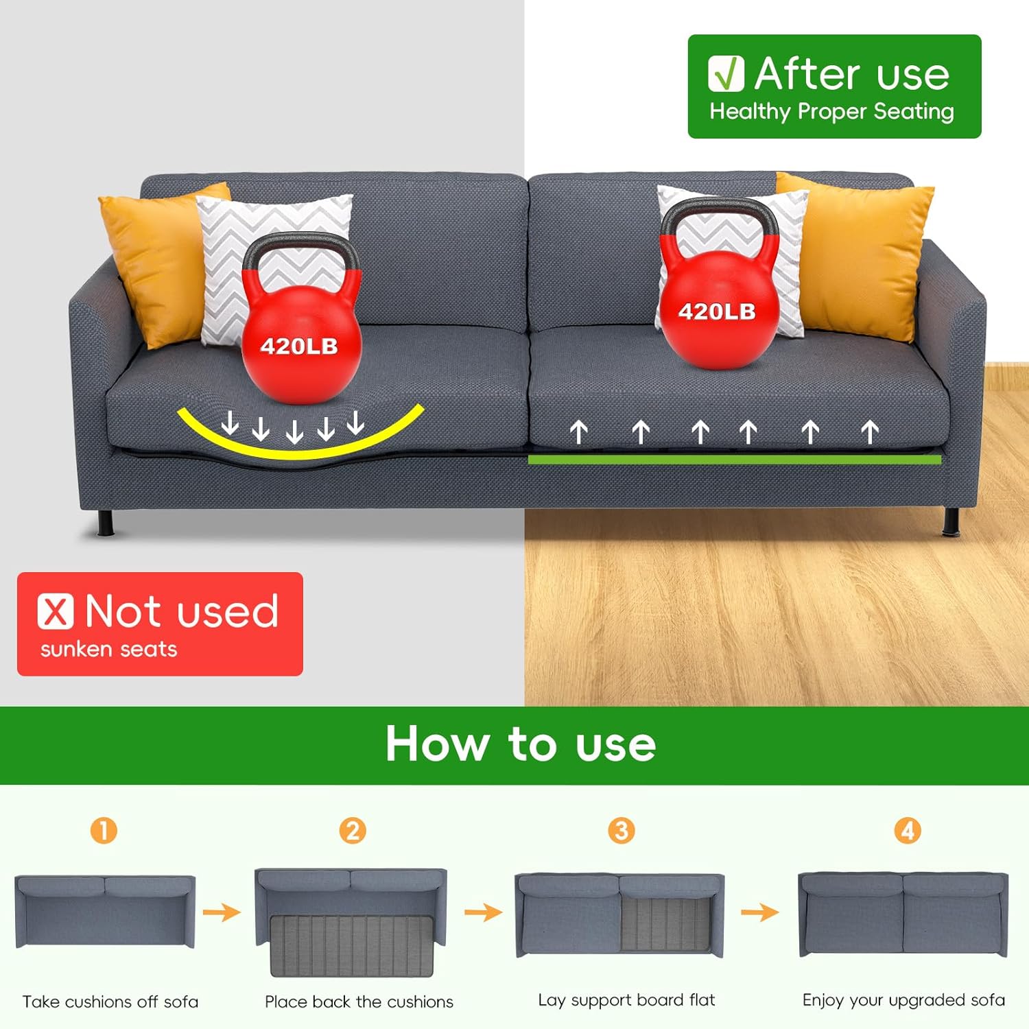 VERONLY Heavy Duty Couch Cushion Support Board to Fix Sagging Sofas, 67" x 24" Sofa, Thick Boards Add Strong Seat Supports, Stays in Place, Replacement Stuffing Under Couches