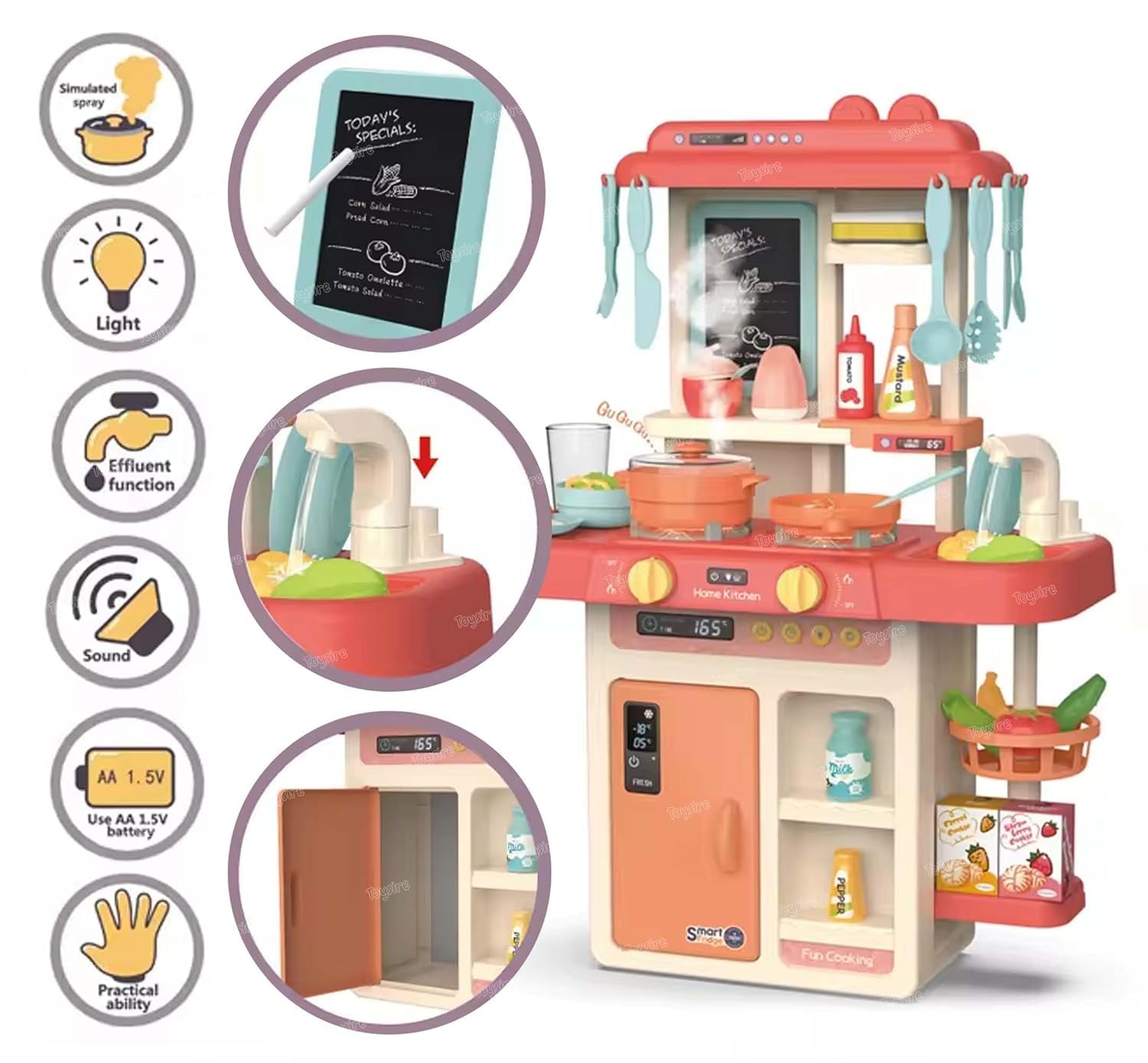 VAALYA TOYS Kitchen Playset for Kids, Kitchen Set for Toddler with Gas Sound & Light, Cooking Stove with Steam,Toy Kitchen Accessories with Running Water,Kitchen Toys for Kids Girls Boys (42 Pcs) 2