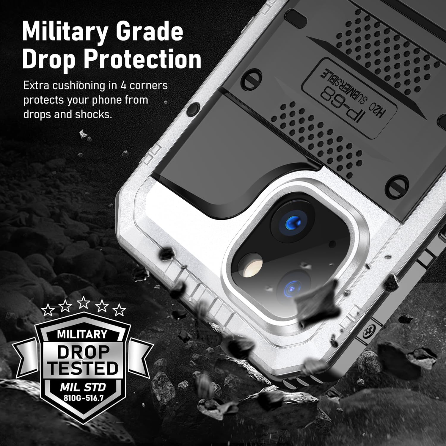 Beeasy Cover per iPhone 13 IP68 Impermeabile Custodia Militare Antiurto Resistente 360° Metallo Armor Protezione Schermo Integrata Rugged Robusta Indistruttibile Subacquea Antipolvere Argento