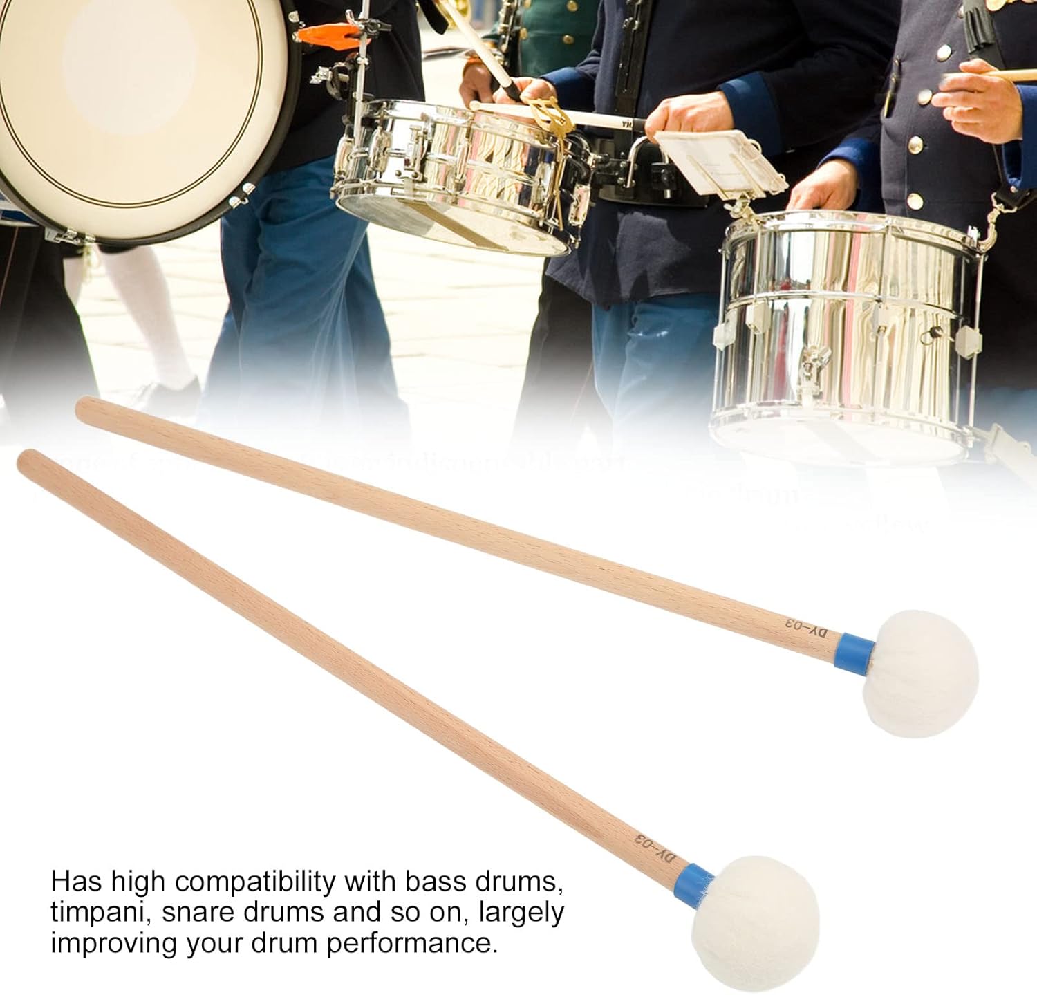 2Pcs Drum Timpani Sticks Soft Felt Mallets Maple Handles 45mm Felt Heads for Bass Snare Drums (Blue)
