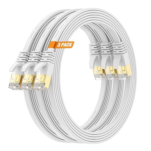 Miniatura 9 de Cable Ethernet Cat7 de 30 pies, blanco plano, 10 Gbps, ultra delgado, de alta velocidad, doble blindado con cable de tierra y cable de red RJ45